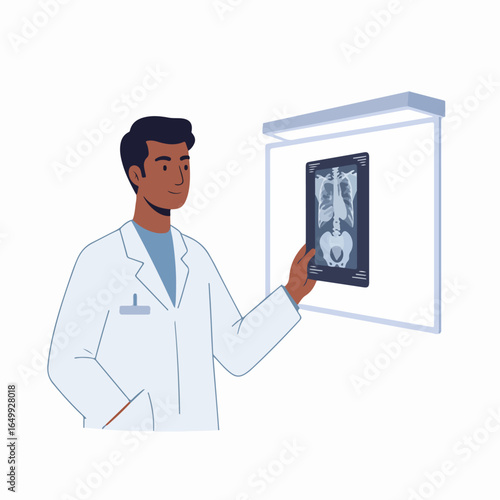 Male doctor analyzing X-ray on a light box, symbolizing medical diagnosis and healthcare expertise.
