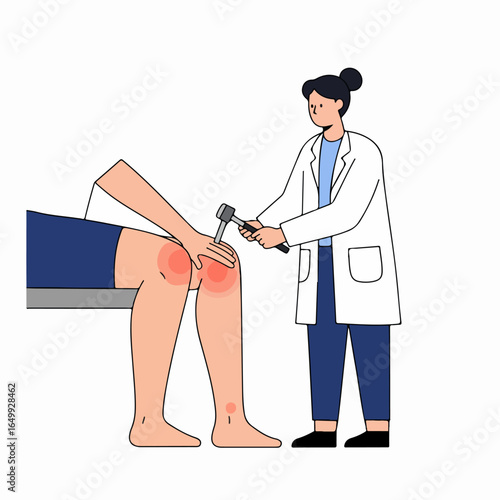 Doctor performing knee reflex test on patient with joint pain illustration.