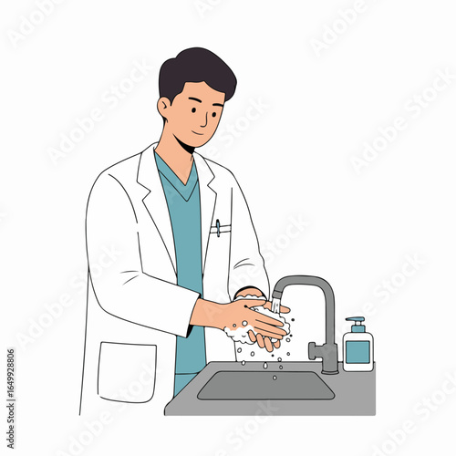 A male doctor in a white coat and blue scrubs washes his hands with soap and water at a sink, practicing hygiene.