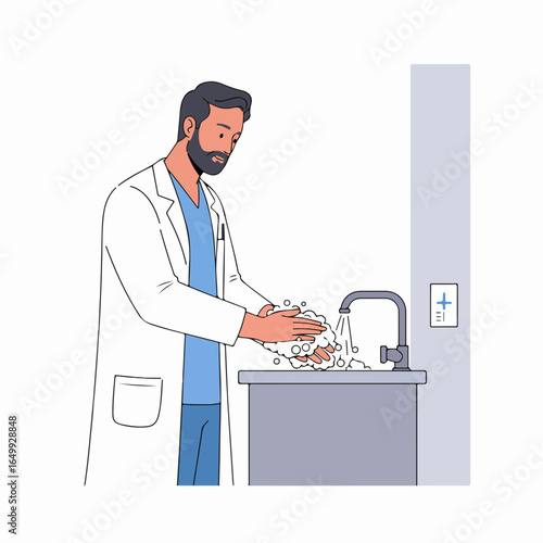 Male Doctor Washing Hands Thoroughly with Soap and Water for Hygiene and Health in a Clinical Setting