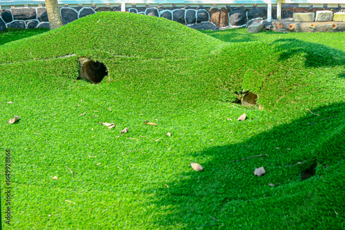 Artificial Green Grass Hills with Holes and Shadows Outdoor