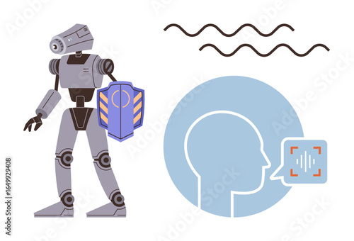 Robot holding a shield alongside head profile, sound waves, and speech bubble. Ideal for AI, robotics, voice recognition, speech technology, cyber security innovation data science. Simple flat