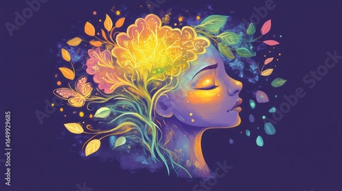 Mystical Woman with Floral Brain, a Vibrant Illustration of Inner Growth and Serenity
