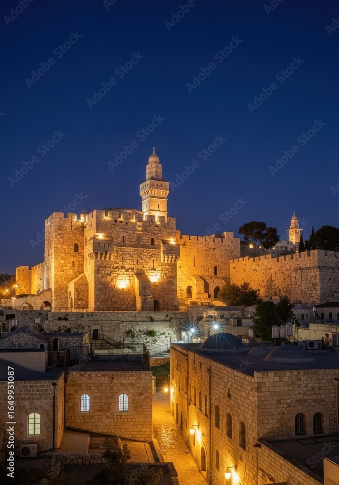 Fototapeta premium Mystical charm of ancient Jerusalem's Tower of David at twilight hour