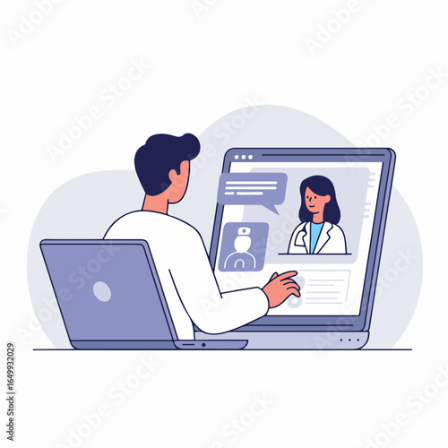 Man consults with a female doctor online via laptop, depicting modern telemedicine and virtual healthcare services.