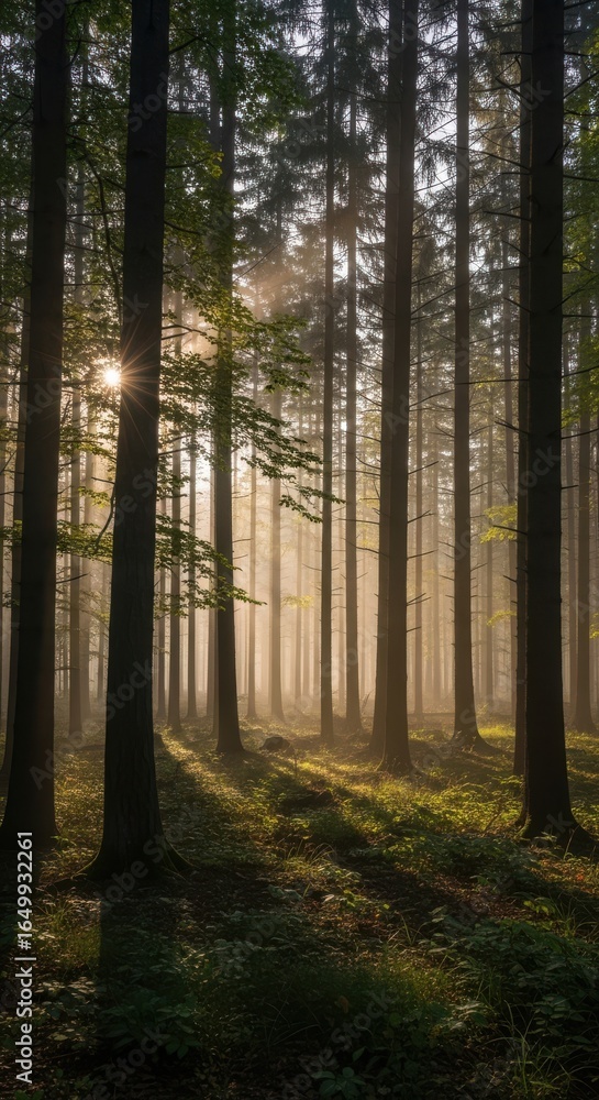 Obraz premium Mystical forest with sun rays shining through the trees in the morning