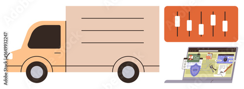 Delivery truck alongside a control panel and laptop screen with logistics software. Ideal for delivery, logistics, tracking, fleet management, shipment control, technology, operations. Simple flat