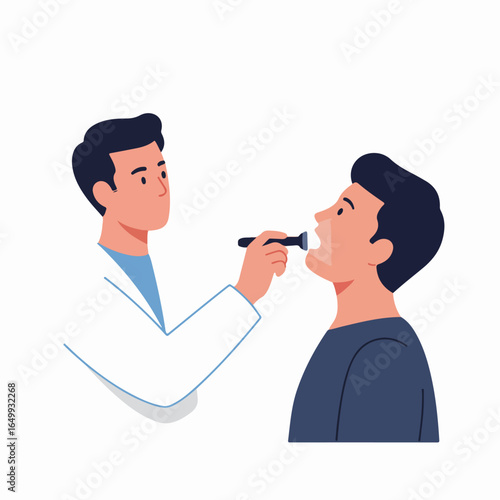 Doctor performing a medical throat and mouth examination on a male patient during a health checkup.