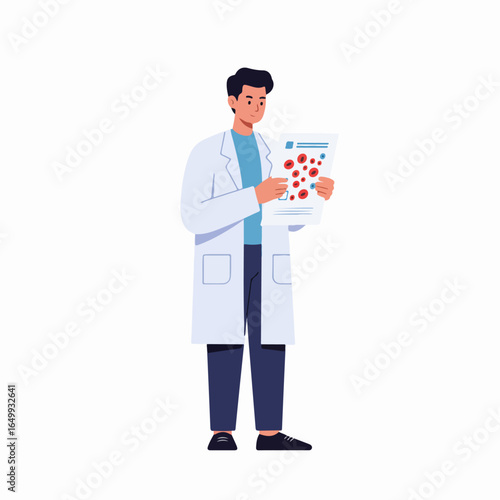 Male Medical Professional in Lab Coat Analyzing Blood Cell Test Results, Symbolizing Healthcare Research and Diagnosis.