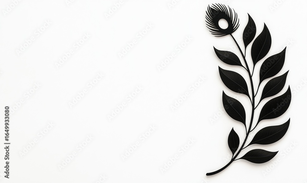 Obraz premium Stylized black quill or feather with leaf-like structures arranged along a curved stem, creating an elegant, symmetrical motif against a plain white background