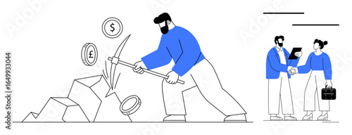 Man breaking rocks to release currency coins while two businesspeople collaborate, highlighting effort, teamwork, and financial success. Ideal for finance, investment, collaboration, growth, labor