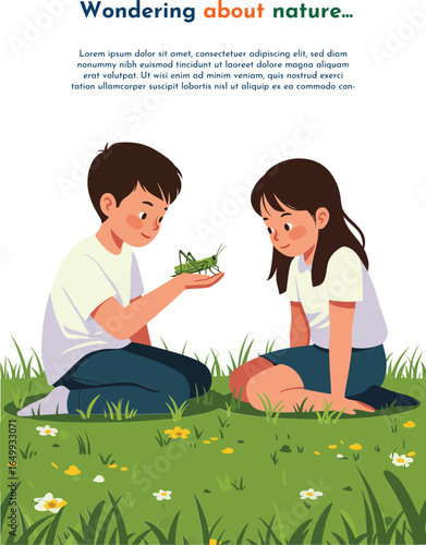 Children exploring nature with grasshopper on hand enjoying outdoor learning and curiosity in green field environment