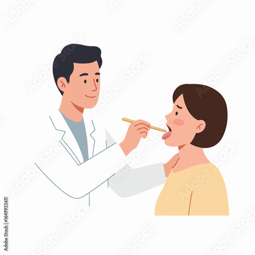 Doctor performing a throat examination on a female patient using a tongue depressor during a medical check-up.