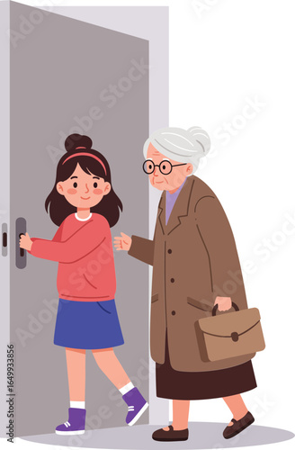 Elderly woman and young girl entering room together vector illustration showing intergenerational connection and care