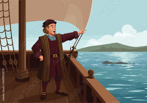 Renaissance sailor on wooden ship deck looking out at sea with distant island and dolphins swimming vector illustration