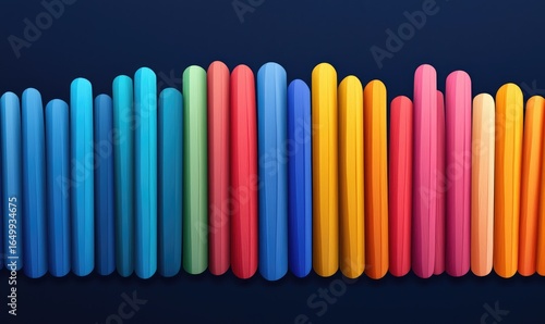 A vibrant array of upright cylindrical forms arranged in a row against a dark backdrop, showcasing a gradient of rainbow colors, with subtle shadows suggesting dimensionality