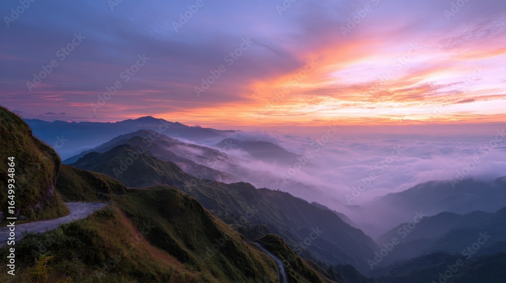 Obraz premium Scenic view of winding mountain road with fog-filled valley under a colorful sunrise sky.