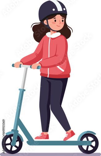 Girl riding blue scooter with helmet and red jacket enjoying outdoor activity vector illustration