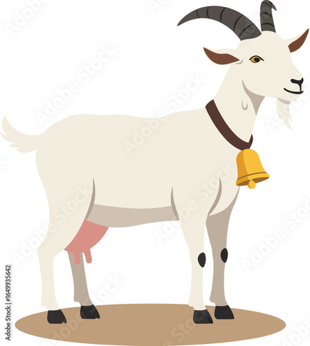 White goat with black horns and yellow bell standing on ground isolated vector design