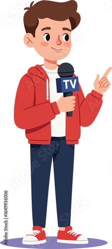 Young boy reporter holding TV microphone with red jacket and casual outfit vector illustration of news presenter