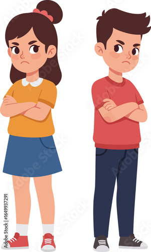 Angry boy and girl standing with crossed arms in casual clothes expressing frustration and disagreement