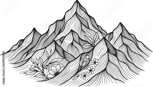 Ornate Hand-Sketched Mountain Peak with Leaves