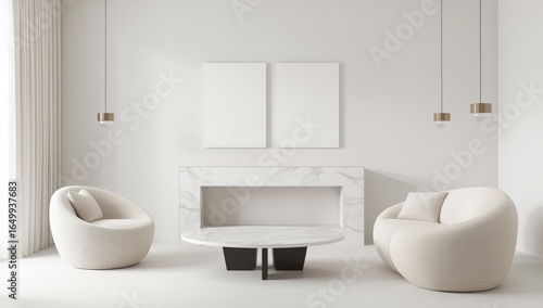 Serene minimalist living room featuring two textured cream armchairs flanking a modern fireplace with a marble coffee table