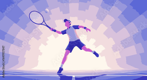 A dynamic vector illustration of a male athlete hitting a powerful forehand tennis shot on a court with a stylized background.