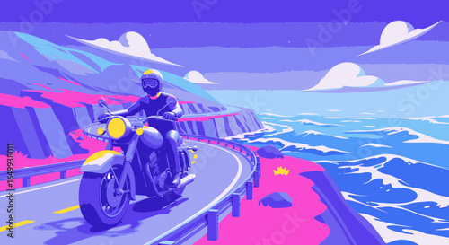 A motorcyclist rides along a scenic, winding coastal highway with a vibrant, colorful landscape.