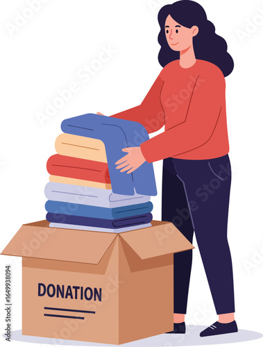 Woman packing donated clothes into donation box for charity or social help support activities vector illustration