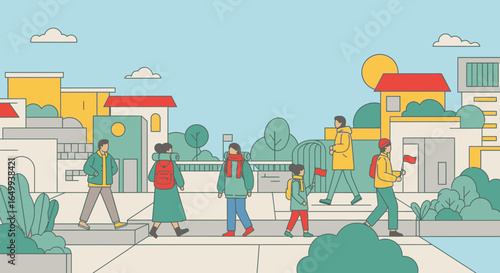 A group of people and tourists walking along a sidewalk in a stylized, colorful city.