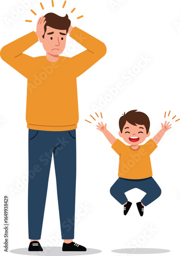 Father and son vector illustration showing stressed dad and happy child in orange sweater and blue pants