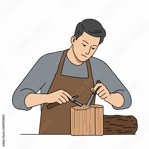 Man carving wood block with chisels, demonstrating craftsmanship and artistic skill in traditional woodworking. Focused artisan at work.