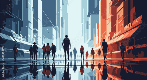 Silhouetted people walk down a futuristic city street divided by contrasting warm red and cool blue light.