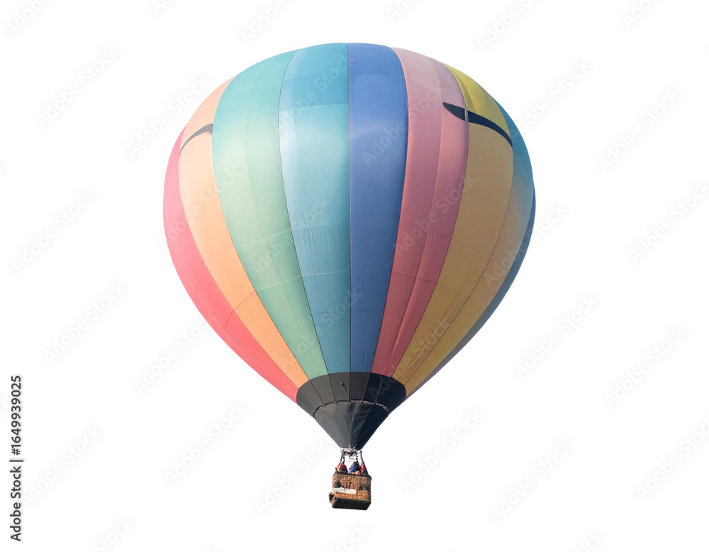Fototapeta premium Experience breathtaking adventure soaring high above in a vibrant, multi-colored hot air balloon with passengers.