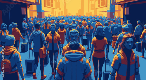 A stylized illustration of a massive crowd of travelers with luggage walking through a sunlit city terminal.