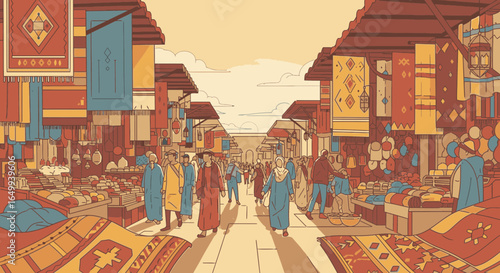 An illustration of a bustling historical street market with people browsing colorful carpets and textiles.