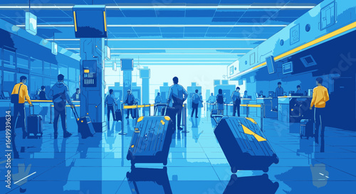 A stylized illustration of a busy airport terminal departure lounge with travelers, luggage, and check-in counters in a blue and yellow color scheme.