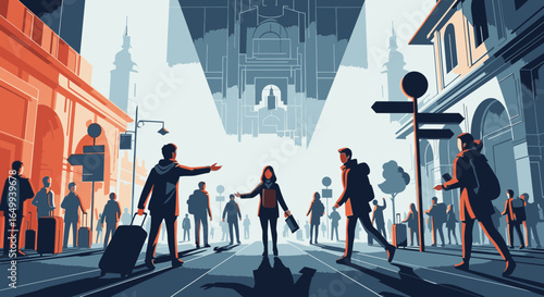A stylized illustration of travelers on a busy city street under a surreal, inverted architectural skyline.