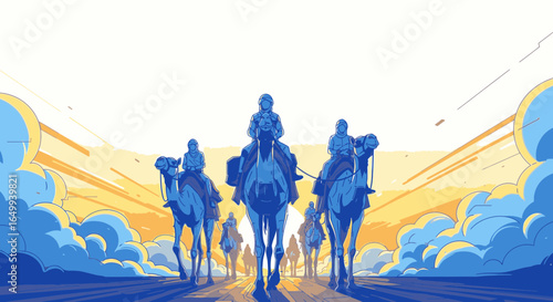 A caravan of silhouetted riders on camels journeys through a desert landscape towards a bright sunrise.