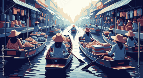 Vendors in traditional hats navigate a busy canal at a traditional Asian floating market.