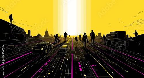 Silhouetted figures stand on a futuristic highway facing a bright beam of light in a dystopian city.