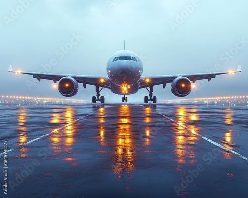 Large passenger jet on a wet runway at dawn