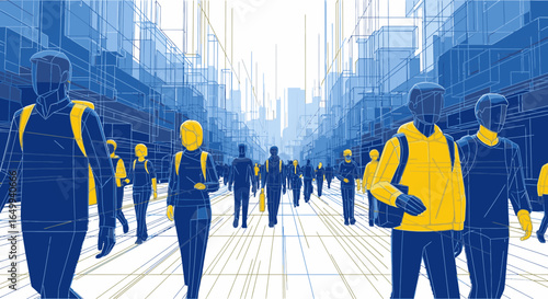 Stylized illustration of a crowd of anonymous people walking through a futuristic blue and yellow wireframe city.