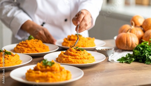 Professional chef expertly garnishing plates of vibrant mashed pumpkin or sweet potato, highlighting culinary skill and healthy autumn cuisine in a modern kitchen.