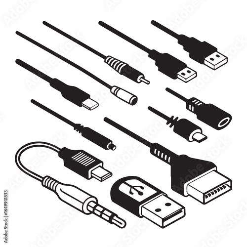 Collection of various electronic cable connectors and adapters depicted in a clean black and white isometric silhouette style