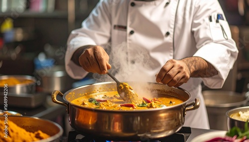 Close-up of a professional chef in a white uniform stirring a simmering, aromatic curry in a traditional brass pot in a restaurant kitchen.