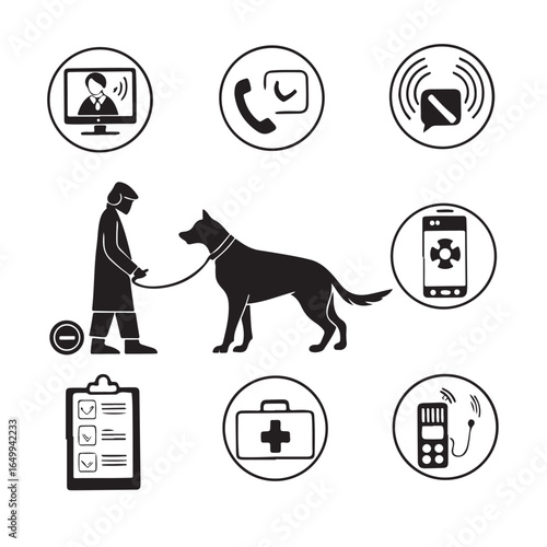 Professional dog trainer guiding a service animal with assistive technology icons representing communication and support silhouette