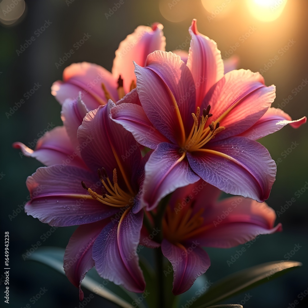 Fototapeta premium A close-up view of a pink tiger lily blossom, its petals adorned with beautiful purple and yellow specks