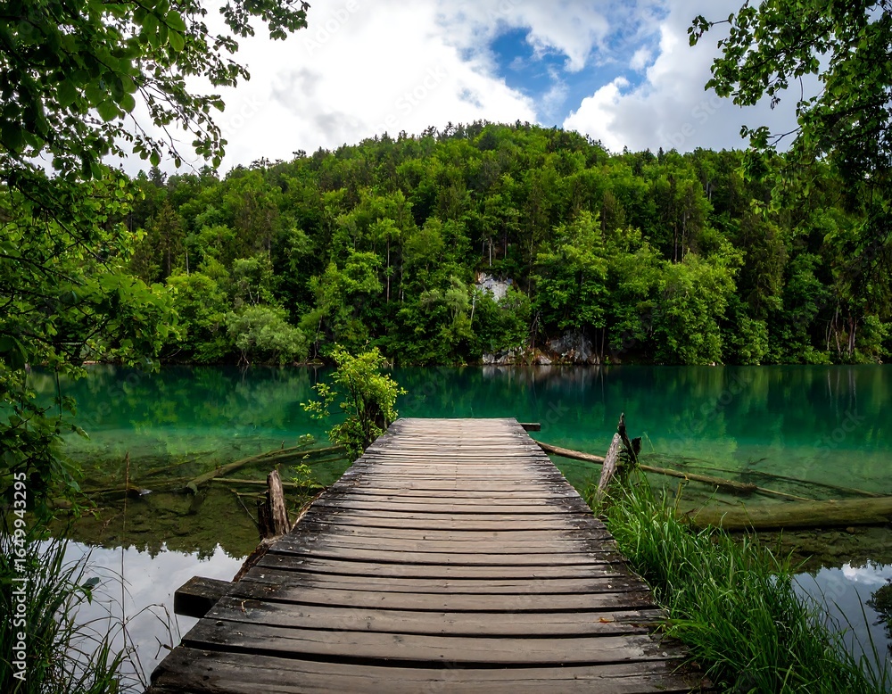 Naklejka premium Tranquil lake vista with wooden dock